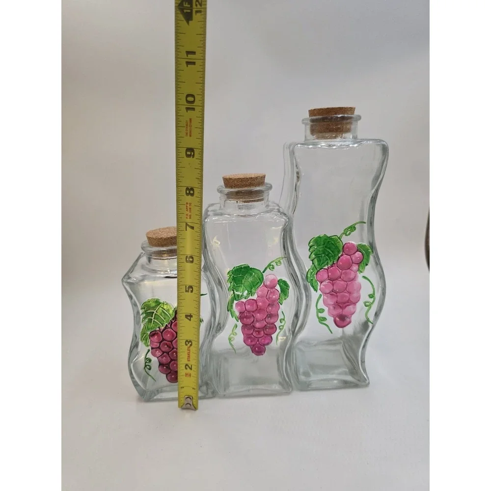 VTG Set 3 Clear‎ Glass Grape Painted Canisters Cork Lids Kitchen Farmhouse Decor